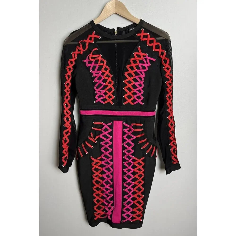 Bebe Mesh Crisscross Sexy Bodycon Long Sleeve Dress Size Small Stretch Women’s